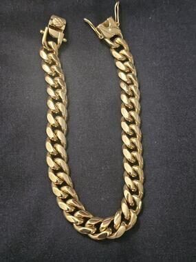 9in Gold Tone Steel- 10.1mm thick Cuban Link Bracelet w/ Box Lock Clasp
